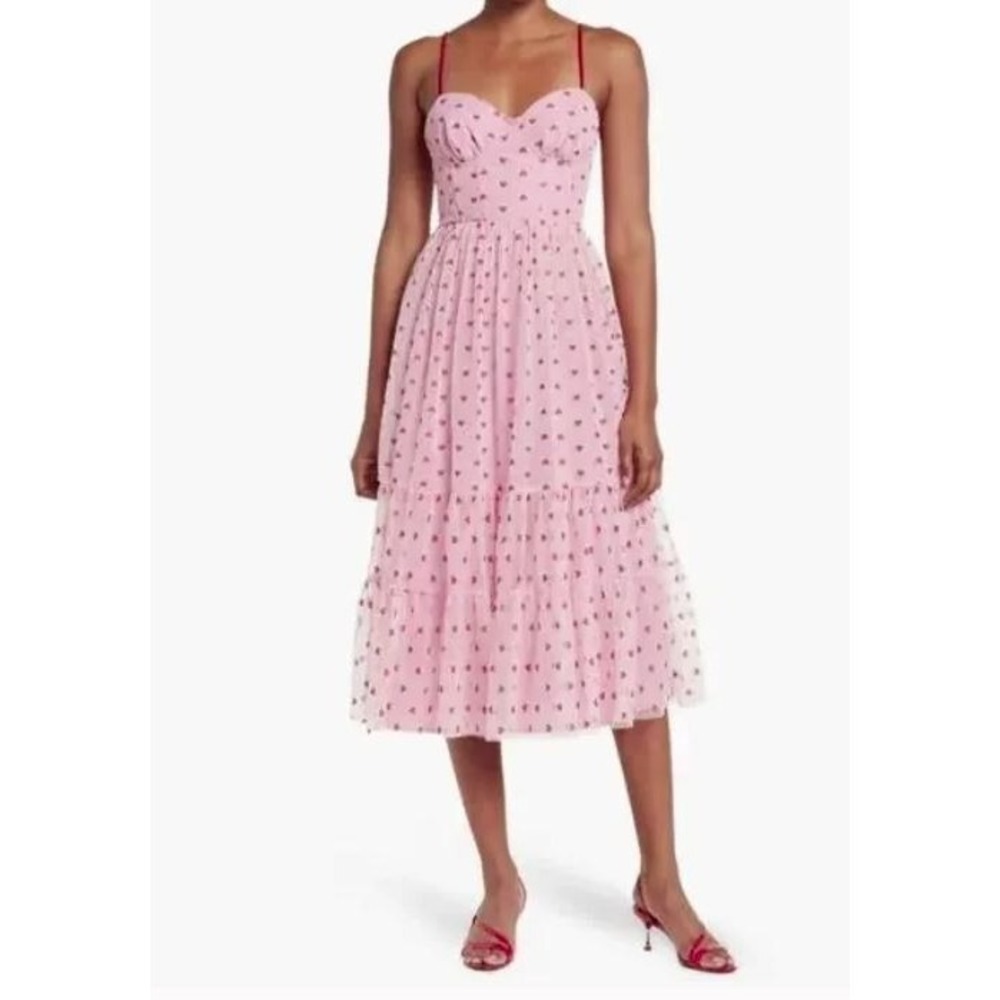 Betsey Johnson Women's Metallic Heart Print Mesh Midi Dress in Pink Size 8